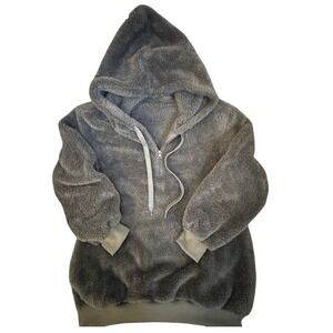 Target Gray Faux Fur Teddy Hoodie Quarter Zip Fleece Pullover Large